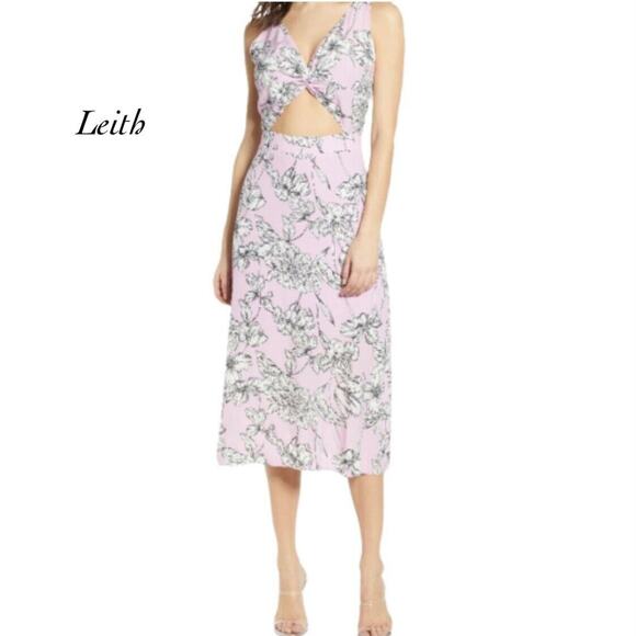 Leith Twist Front Cut Out Chiffon Crepe Lilac Floral Midi Dress NWOT Size M - Picture 1 of 9